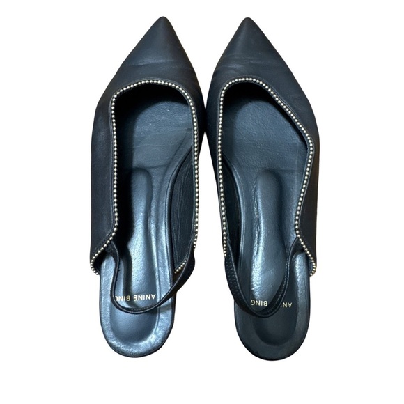 Anine Bing • Callie Slingback Gold Studded Pointed Toe Black Leather Flats 38 - Picture 7 of 13